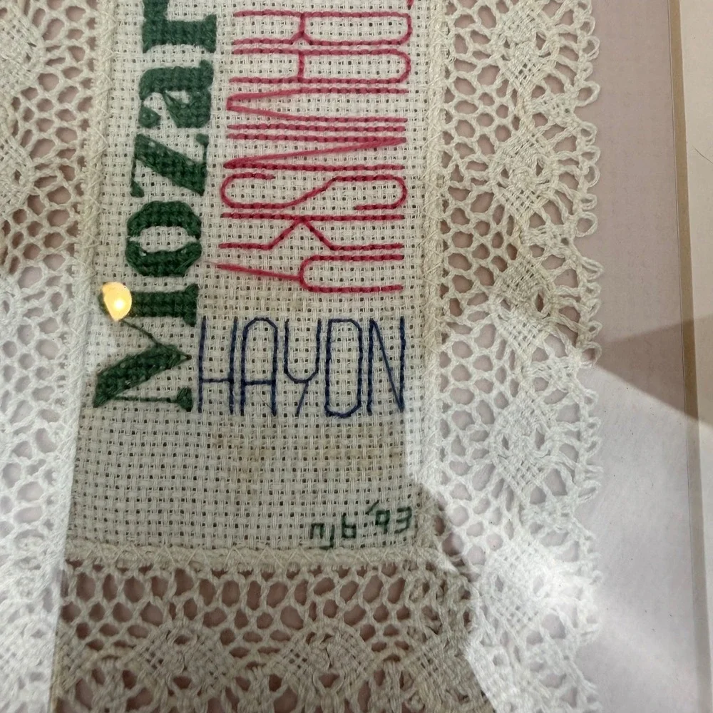 Vintage 1993 Classical Composers Needlepoint Framed Art Mozart Bach Lace Detail